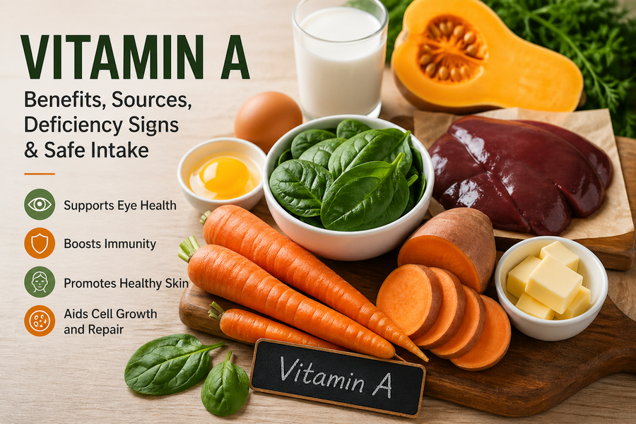 Flat-lay of Vitamin A-rich foods including carrots, spinach, sweet potatoes, eggs, milk, butter, and liver arranged on a wooden surface with text highlighting eye health, immunity, skin, and cell growth benefits.