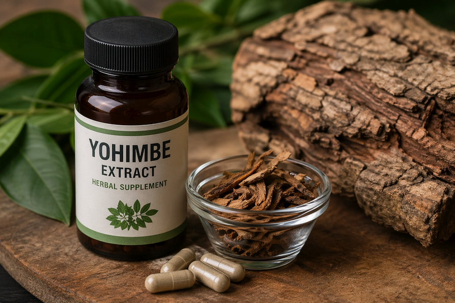 Amber glass bottle labeled “Yohimbe Extract” beside capsules and a bowl of dried tree bark on a wooden surface with natural greenery in the background.