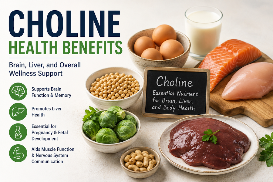**Alt Text:** Featured image for a choline health benefits article showing eggs, salmon, chicken, liver, soybeans, Brussels sprouts, and milk alongside text highlighting brain, liver, pregnancy, and nervous system support.