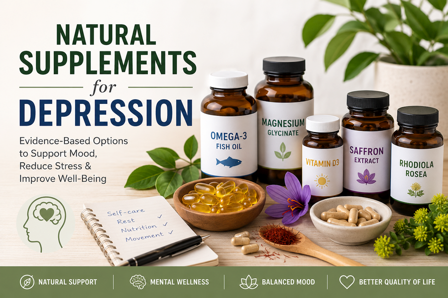 Alt text: Professional featured image for an article about natural supplements for depression, showing labeled supplement bottles including omega-3 fish oil, magnesium glycinate, vitamin D3, saffron extract, and rhodiola rosea arranged beside herbs, capsules, and wellness notes on a clean neutral background.