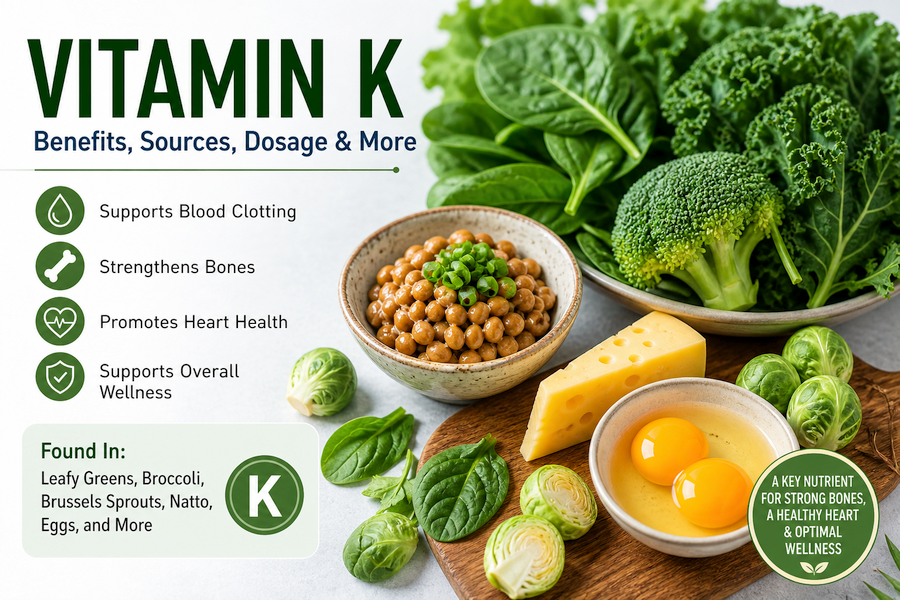 Infographic-style image showing vitamin K-rich foods like kale, spinach, broccoli, natto, cheese, and eggs, alongside icons highlighting benefits for blood clotting, bone strength, and heart health.