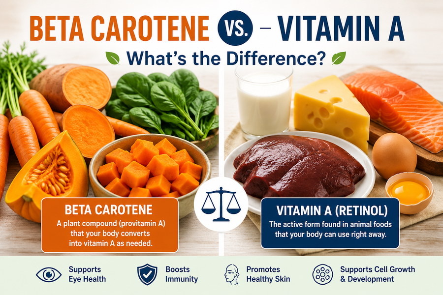Side-by-side comparison of beta carotene and vitamin A featuring colorful plant foods such as carrots, pumpkin, sweet potatoes, and spinach alongside animal-based sources including liver, salmon, eggs, milk, and cheese. The infographic explains that beta carotene is a provitamin A found in plants, while vitamin A (retinol) is the active form found in animal foods. It also highlights their shared roles in supporting eye health, immune function, healthy skin, and normal cell growth and development.