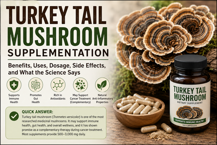 Turkey tail mushroom supplement bottle beside fresh turkey tail mushrooms growing on a log, illustrating the health benefits, uses, dosage, and immune-supporting properties of turkey tail mushroom supplements.