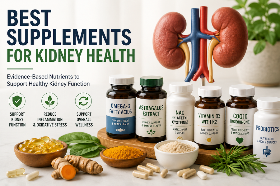 Featured image for an article about the best supplements for kidney health, showing an anatomical model of human kidneys alongside bottles representing omega-3 fatty acids, astragalus, NAC, vitamin D3, CoQ10, probiotics, and natural ingredients such as turmeric, emphasizing evidence-based nutritional support for healthy kidney function.