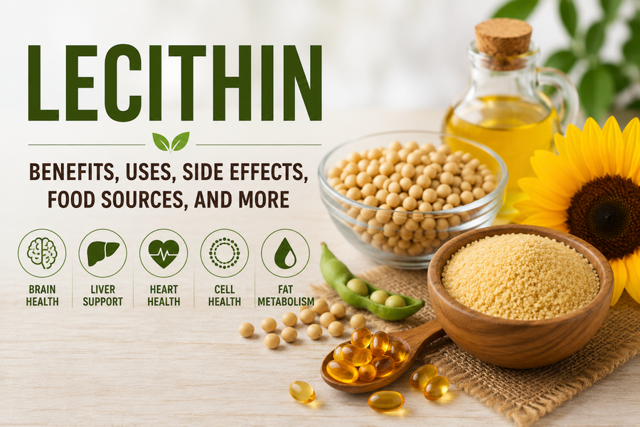 Bowl of lecithin granules with soybeans, sunflower, lecithin softgel capsules, and a bottle of oil, illustrating the health benefits, food sources, and supplement forms of lecithin for brain, liver, heart, and cellular health.