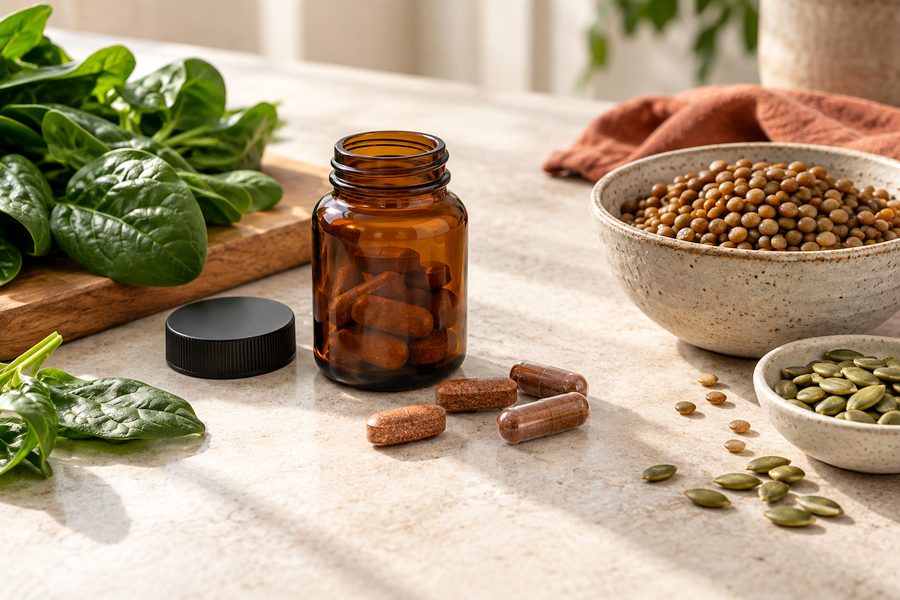 Open amber bottle of iron supplements beside tablets and capsules, with spinach, lentils, and pumpkin seeds on a light countertop.